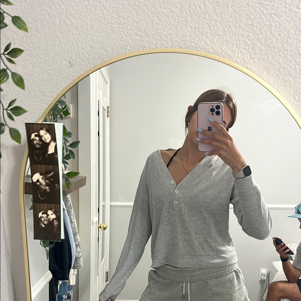 Gray V-Neck Buttoned Top and Joggers Set